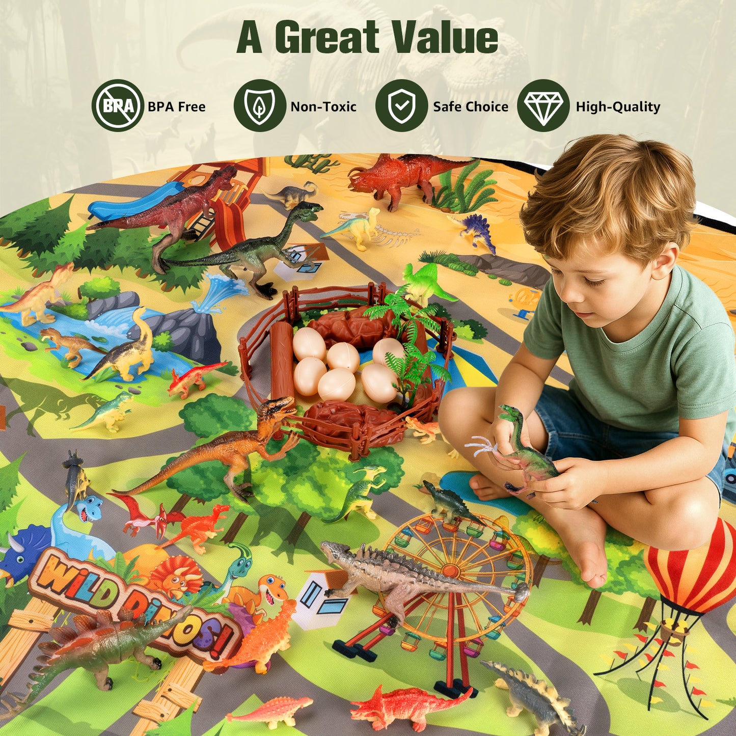 FunMagic Dinosaur Toys with Play Mat, 46PCS Realistic Jurassic Dinosaurs Figures with Eggs&Trees&Fence,Dino World Playset, Gift for Toddler Boys & Girls
