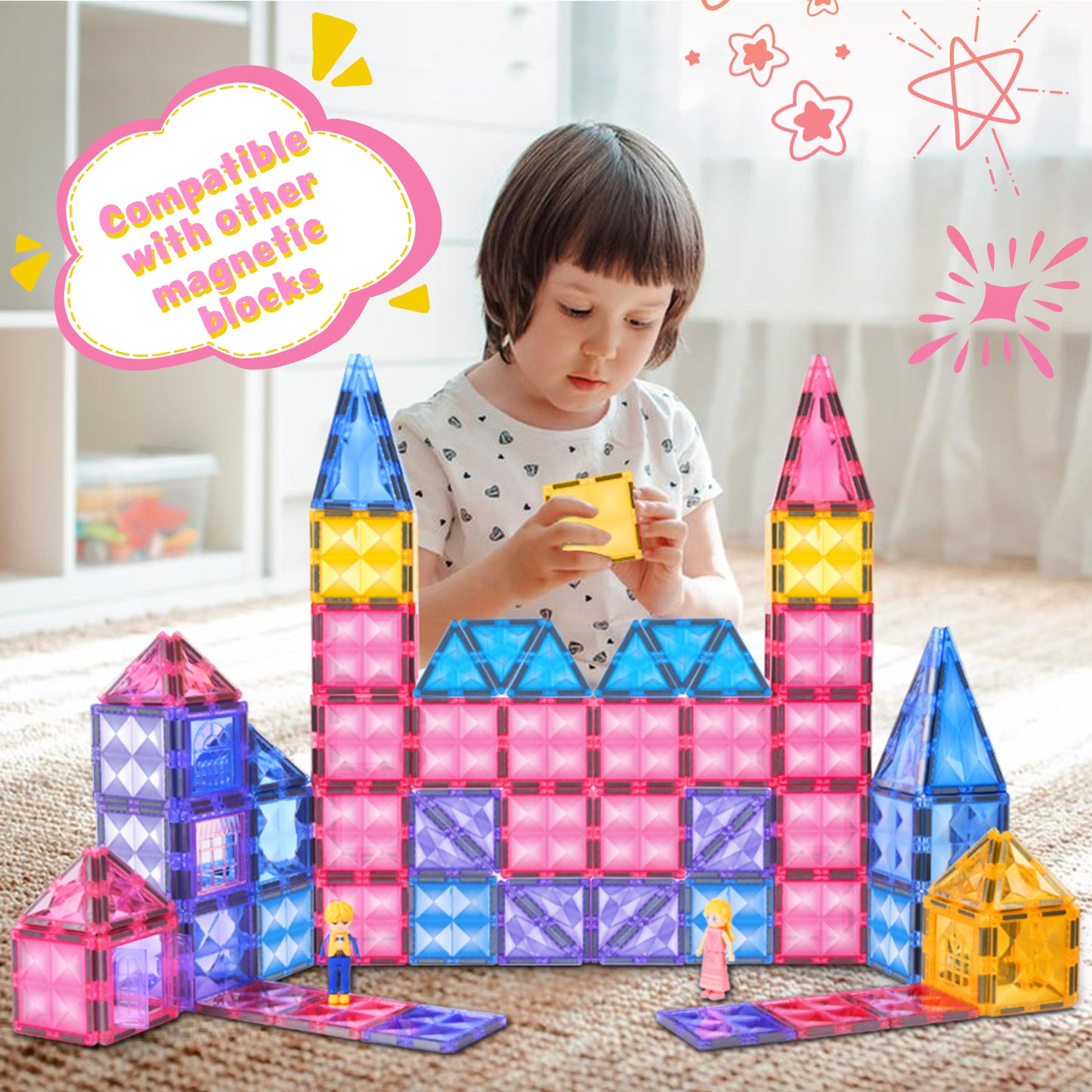 Diamond Magnetic Tiles with Dolls Building Toys, STEM Kids Toys Magnetic Blocks Christmas Birthday Gifts Ideas for 3+ Year Old Girls & Boys