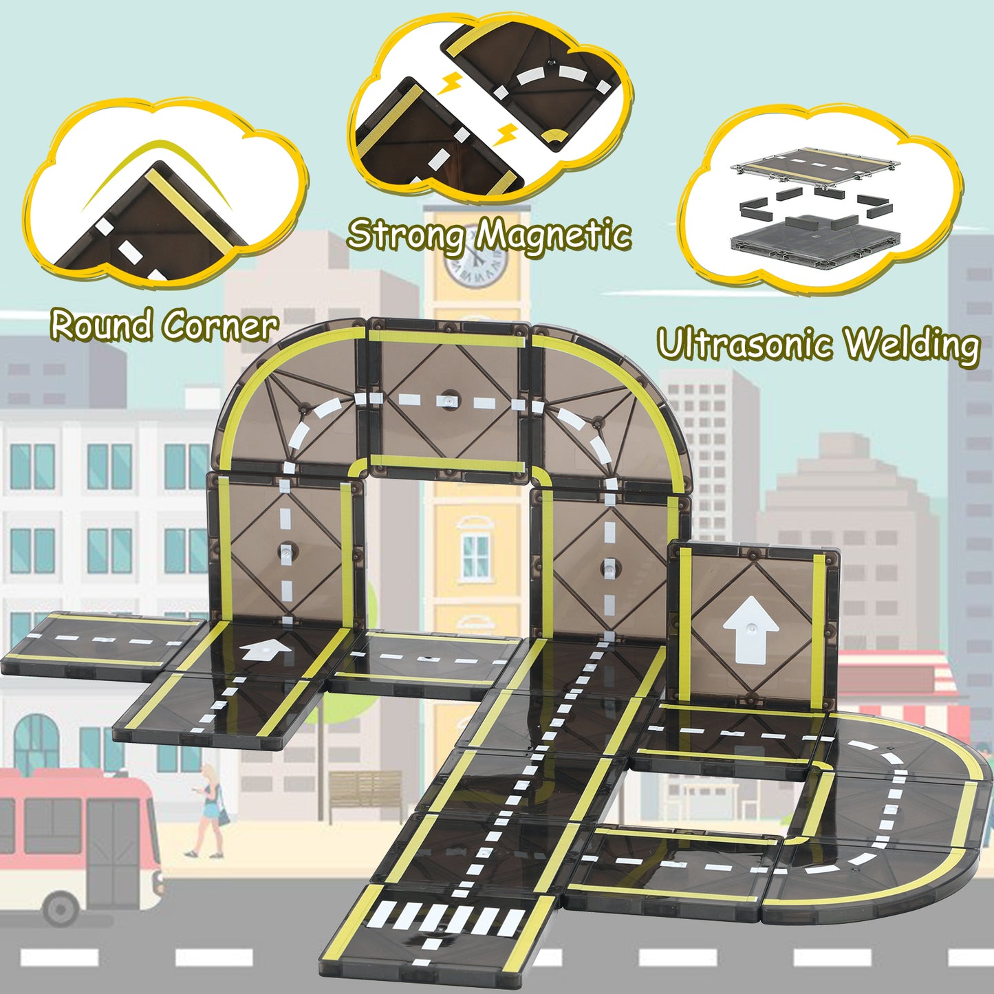 FunMagic Magnetic Tiles Road Set, Stem Magnet Building Blocks Montessori Educational Toy Gifts for 3+ Year Old Boys & Girls