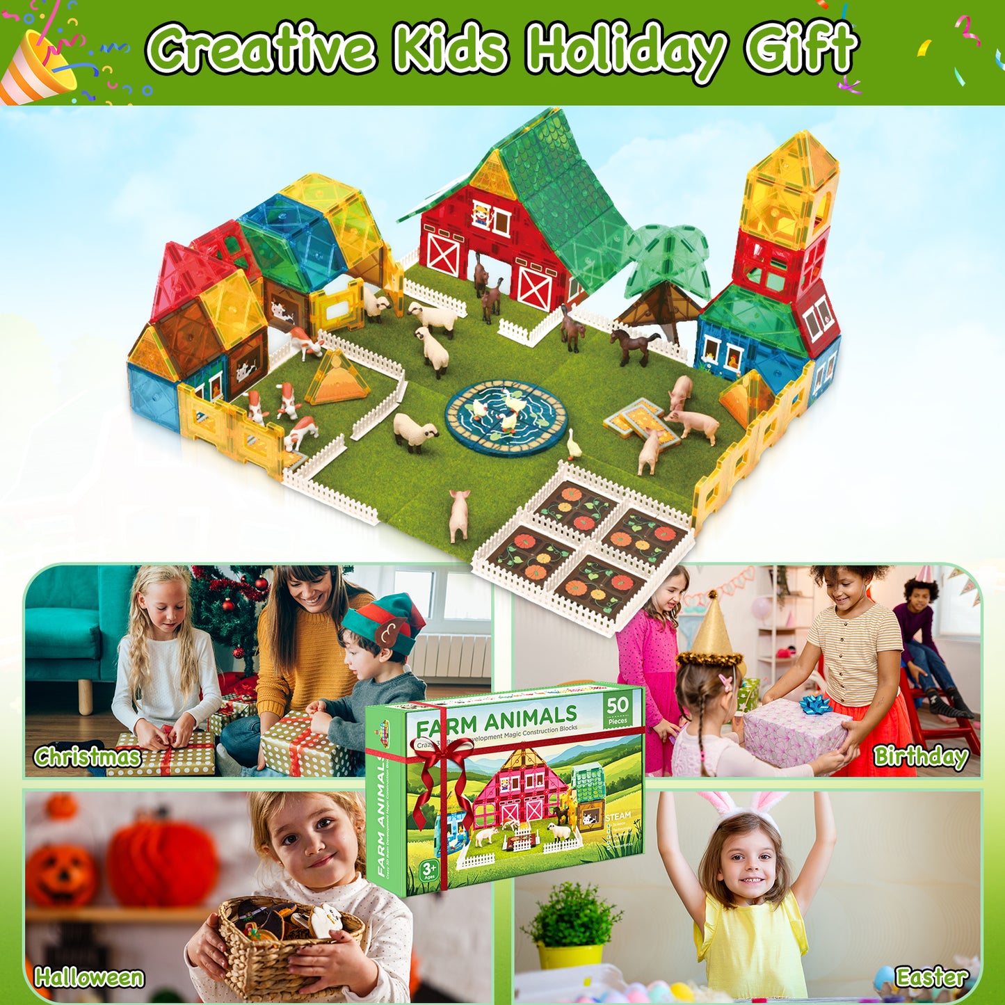 Magnetic Tiles Farm Animal Toys Set for Toddles Kids, Montessori STEM Educational Magnetic Building Blocks for 3+ Year Old Boys Girls