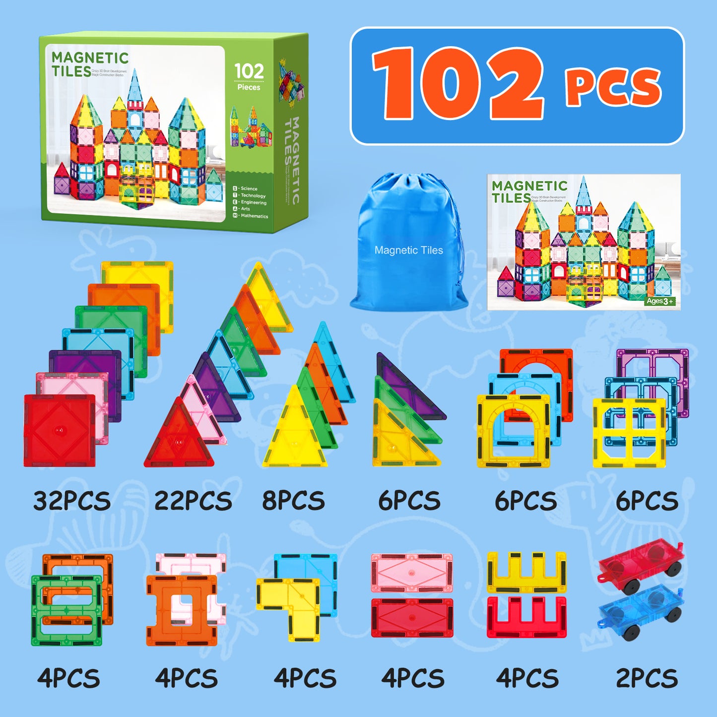 Magnetic Tiles Kids 102pcs Magnetic Blocks Building Sets 3D Magnet Tile Building Construction Educational STEM Toys, Gifts for Toddlers Boys Girls 3 4 5 6 7 8 9 10 + Year Old