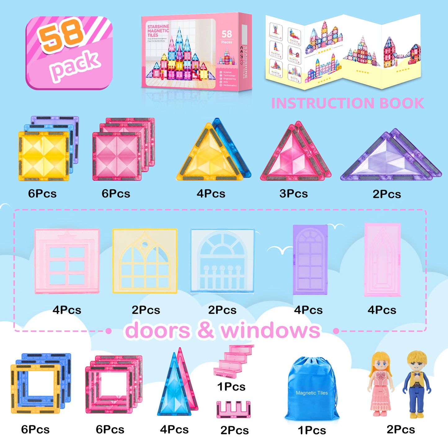 Diamond Magnetic Tiles with Dolls Building Toys, STEM Kids Toys Magnetic Blocks Christmas Birthday Gifts Ideas for 3+ Year Old Girls & Boys