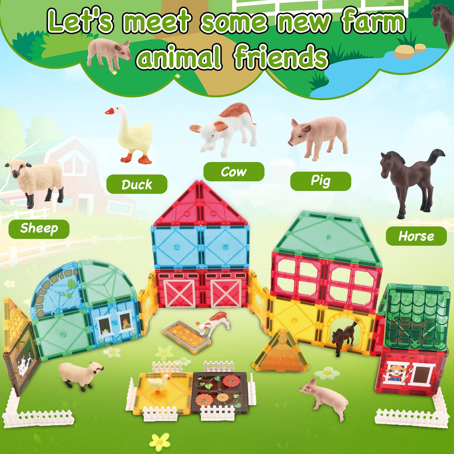 Magnetic Tiles Farm Animal Toys Set for Toddles Kids, Montessori STEM Educational Magnetic Building Blocks for 3+ Year Old Boys Girls