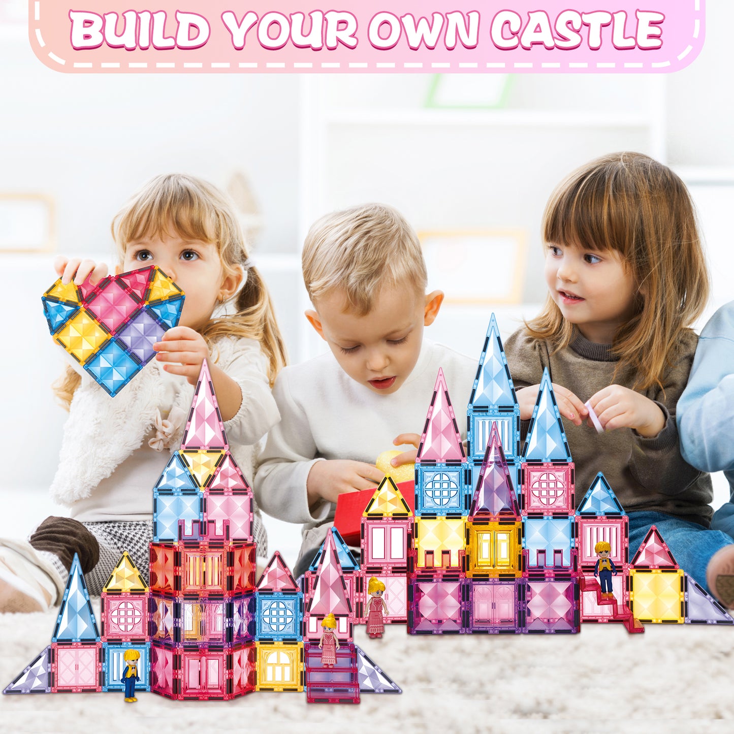 Diamond Magnetic Tiles with Dolls Building Toys, STEM Kids Toys Magnetic Blocks Christmas Birthday Gifts Ideas for 3+ Year Old Girls & Boys