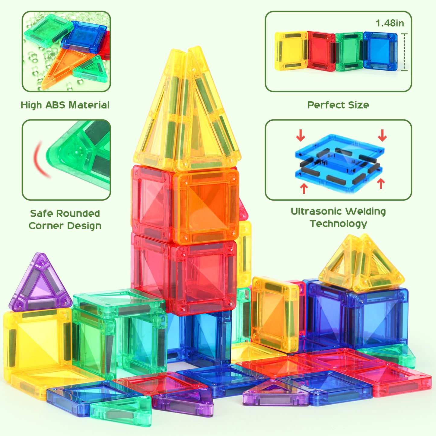 FunMagic Mini Magnetic Tiles, 32PCS Travel Magnetic Blocks with Case, STEM Educational Building Set Construction Toys for Kids Ages 3+, Portable Building Toys for Boys & Girls