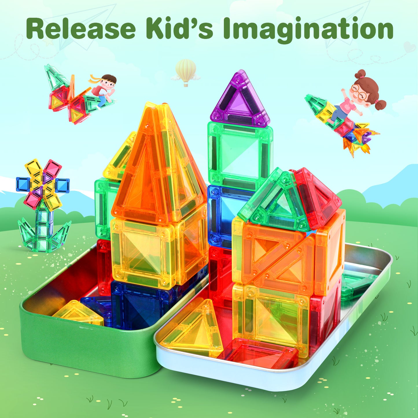 FunMagic Mini Magnetic Tiles, 32PCS Travel Magnetic Blocks with Case, STEM Educational Building Set Construction Toys for Kids Ages 3+, Portable Building Toys for Boys & Girls